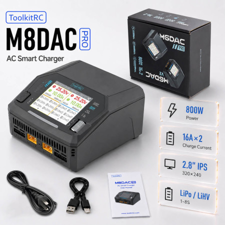 Зарядное устройство ToolkitRC M6DAC PRO — двухканальное AC/DC 300W/800W, 28A, LiPo/LiHV/Li-ion/LiFe/LTO 1–6S, NiMH 1–16S, Pb 1–10S для FPV-дронов и RC-моделей